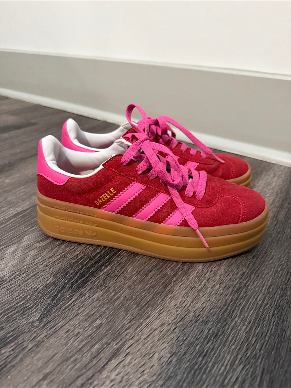 adidas Gazelle Platform Sneakers in Red & Pink with Gum Sole